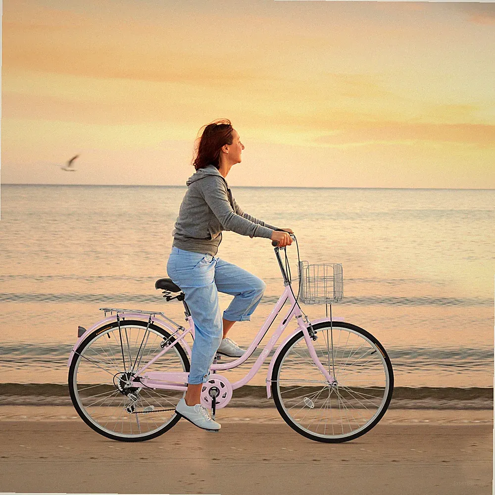 26 Inch Women Bike Beach Cruiser Bike Retro Bicycle High Carbon Steel 7 Speed